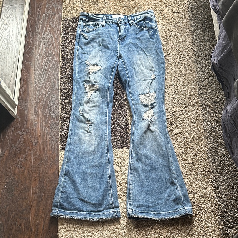 Trendy Blue Distressed Flare Jeans